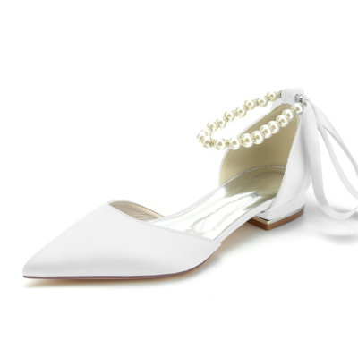 Pearl Ankle Strap Satin Flats Pointed Toe D'orsay Shoes for Work