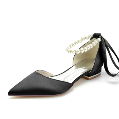 Black Pearl Ankle Strap Satin Flats Pointed Toe D'orsay Shoes for Work