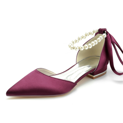 Burgundy Pearl Ankle Strap Satin Flats Pointed Toe D'orsay Shoes for Work