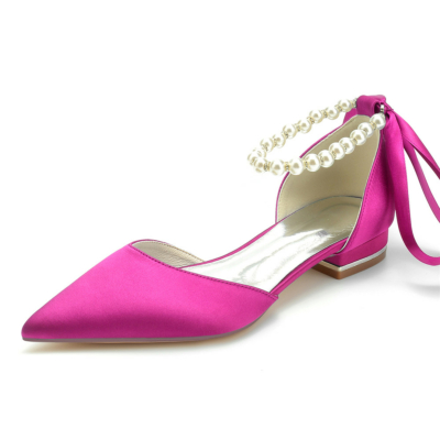 Magenta Pearl Ankle Strap Satin Flats Pointed Toe D'orsay Shoes for Work