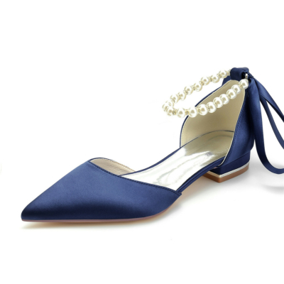 Navy Pearl Ankle Strap Satin Flats Pointed Toe D'orsay Shoes for Work