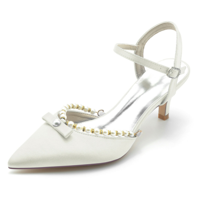 Ivory Pearl Bow Ankle Strap Low Heels Pointed Toe Comfy Pumps Shoes