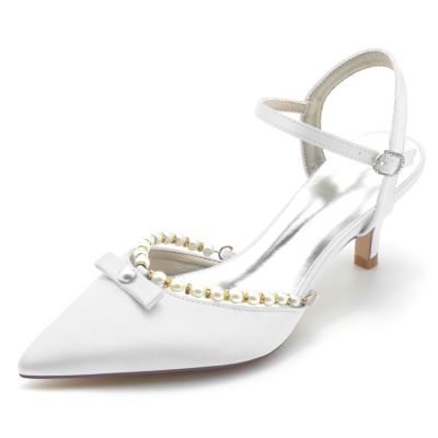 White Pearl Bow Ankle Strap Low Heels Pointed Toe Comfy Pumps Shoes