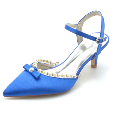 Royal Blue Pearl Bow Ankle Strap Low Heels Pointed Toe Comfy Pumps Shoes