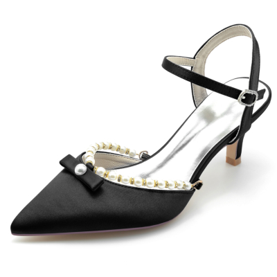 Black Pearl Bow Ankle Strap Low Heels Pointed Toe Comfy Pumps Shoes