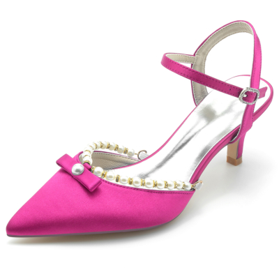 Magenta Pearl Bow Ankle Strap Low Heels Pointed Toe Comfy Pumps Shoes