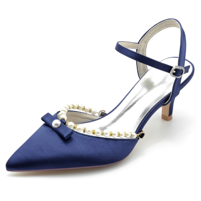Navy Pearl Bow Ankle Strap Low Heels Pointed Toe Comfy Pumps Shoes