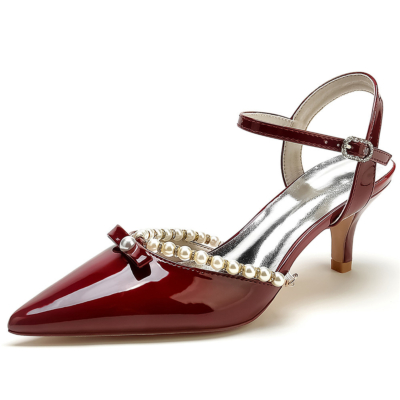 Burgundy Pearl Bow Kitten Heels D'orsay Dresses Shoes Pumps for Party