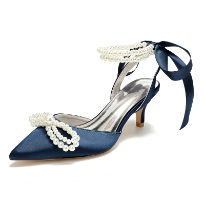 Navy Pearl Bow Satin Pointed Toe Kitten Heel Strappy Slingback Sandals