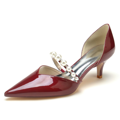 Burgundy Pearl D'orsay Kitten Heels Slip On Dresses Shoes for Dance