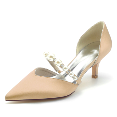 Champagne Pearl Embellished Low Heels D'orsay Pumps Shoes For Wedding
