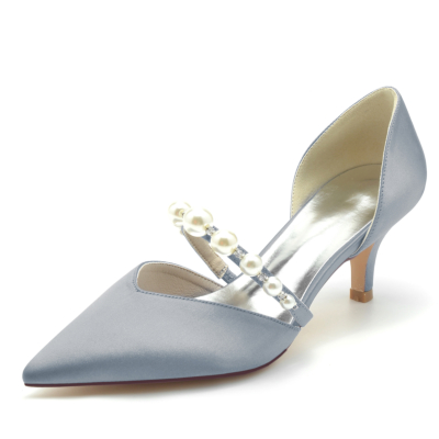 Grey Pearl Embellished Low Heels D'orsay Pumps Shoes For Wedding