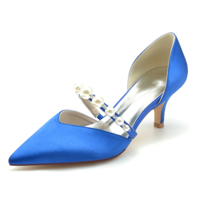 Royal Blue Pearl Embellished Low Heels D'orsay Pumps Shoes For Wedding