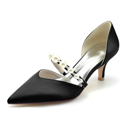 Black Pearl Embellished Low Heels D'orsay Pumps Shoes For Wedding