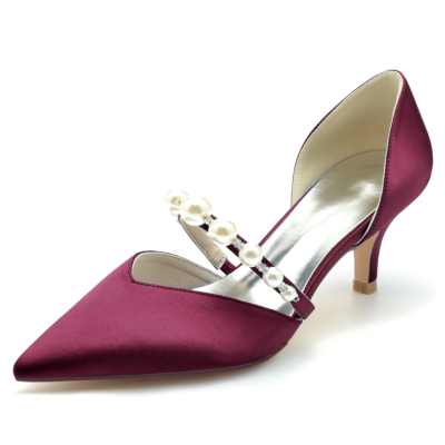Burgundy Pearl Embellished Low Heels D'orsay Pumps Shoes For Wedding