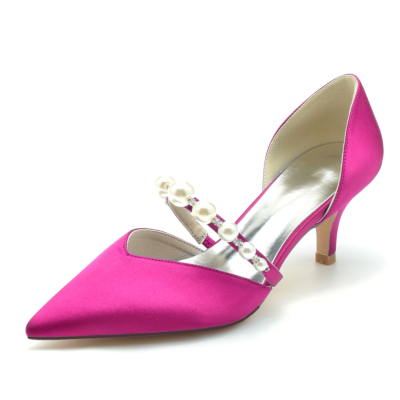 Magenta Pearl Embellished Low Heels D'orsay Pumps Shoes For Wedding
