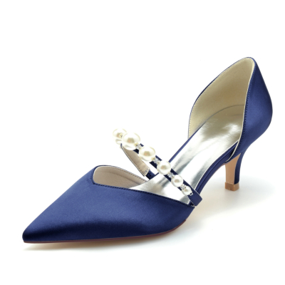 Navy Pearl Embellished Low Heels D'orsay Pumps Shoes For Wedding