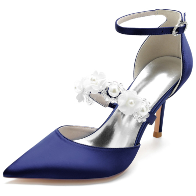 Navy Pearl Embellished Strap D'orsay Pumps Satin Stiletto Heels For Wedding