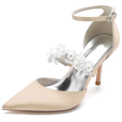 Champagne Pearl Embellished Strap D'orsay Pumps Satin Stiletto Heels For Wedding