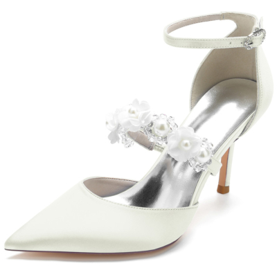 Ivory Pearl Embellished Strap D'orsay Pumps Satin Stiletto Heels For Wedding