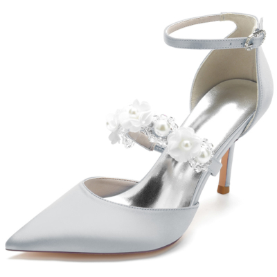 Grey Pearl Embellished Strap D'orsay Pumps Satin Stiletto Heels For Wedding