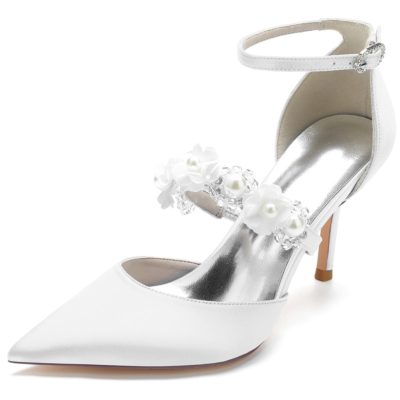 White Pearl Embellished Strap D'orsay Pumps Satin Stiletto Heels For Wedding
