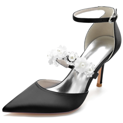 Black Pearl Embellished Strap D'orsay Pumps Satin Stiletto Heels For Wedding