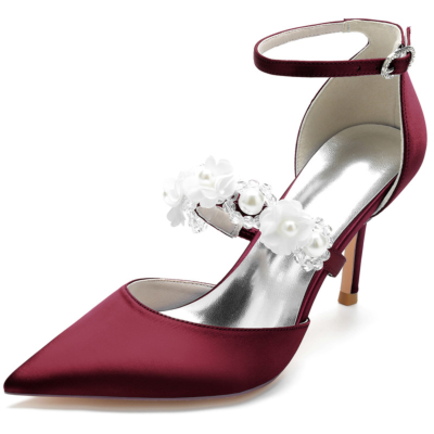 Burgundy Pearl Embellished Strap D'orsay Pumps Satin Stiletto Heels For Wedding