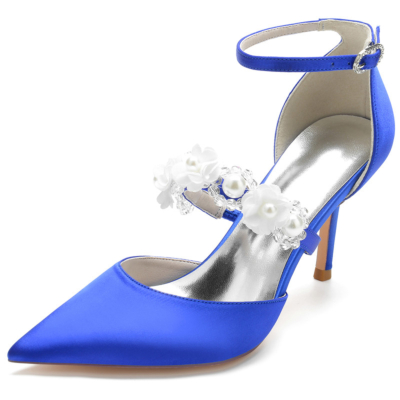 Royal Blue Pearl Embellished Strap D'orsay Pumps Satin Stiletto Heels For Wedding