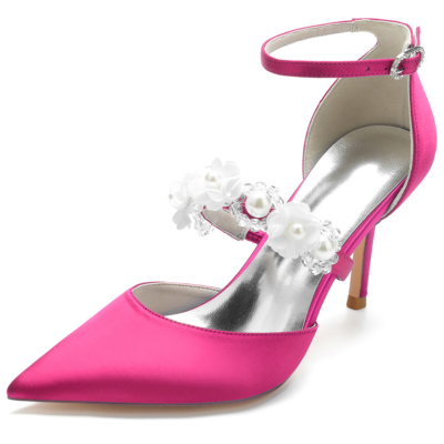 Magenta Pearl Embellished Strap D'orsay Pumps Satin Stiletto Heels For Wedding