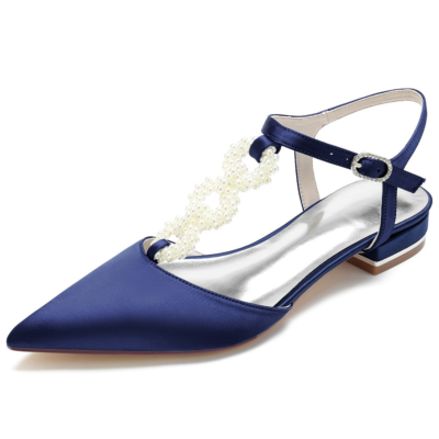 Navy Pearl Embellished T-Strap Flats Backless Satin Flat Shoes for Wedding
