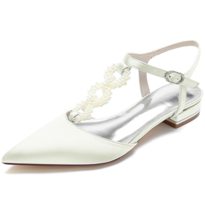 Ivory Pearl Embellished T-Strap Flats Backless Satin Flat Shoes for Wedding