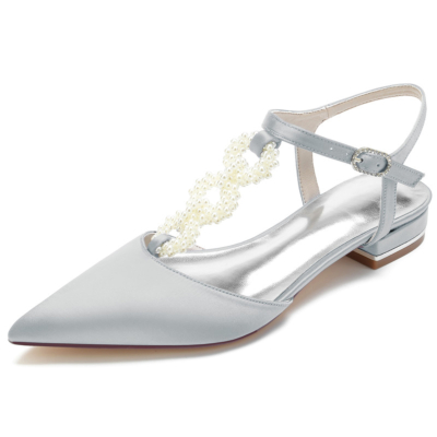 Grey Pearl Embellished T-Strap Flats Backless Satin Flat Shoes for Wedding