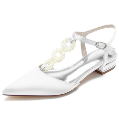 White Pearl Embellished T-Strap Flats Backless Satin Flat Shoes for Wedding
