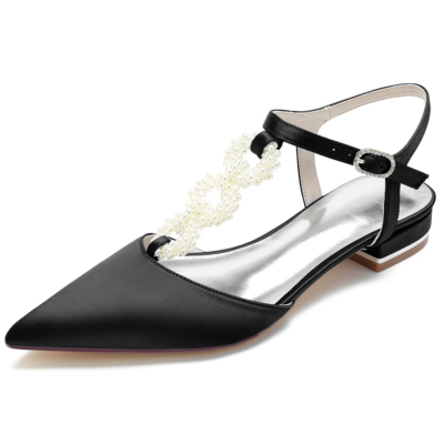 Black Pearl Embellished T-Strap Flats Backless Satin Flat Shoes for Wedding
