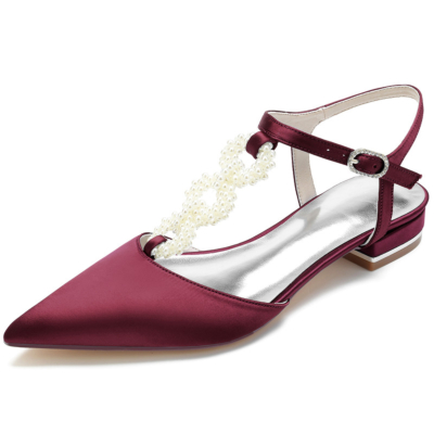 Burgundy Pearl Embellished T-Strap Flats Backless Satin Flat Shoes for Wedding