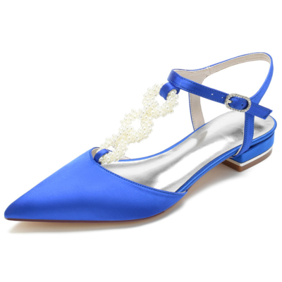 Royal Blue Pearl Embellished T-Strap Flats Backless Satin Flat Shoes for Wedding