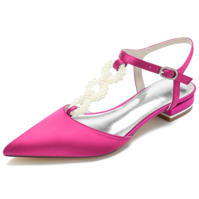 Magenta Pearl Embellished T-Strap Flats Backless Satin Flat Shoes for Wedding