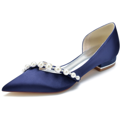 Navy Pearl Embellishments Cutout D'orsay Flats Closed Toe Pumps for Work