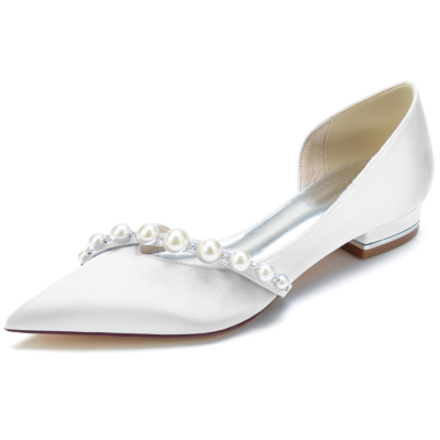White Pearl Embellishments Cutout D'orsay Flats Closed Toe Pumps for Work