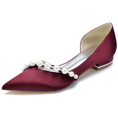 Burgundy Pearl Embellishments Cutout D'orsay Flats Closed Toe Pumps for Work