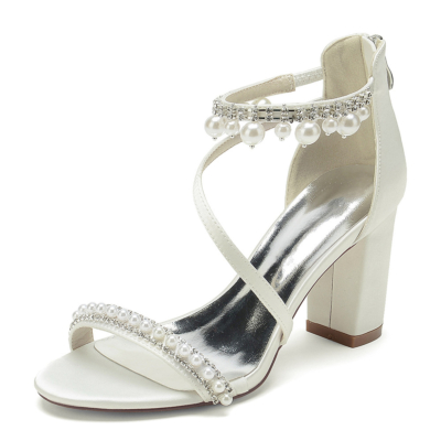 Beige Pearl Embellishments Sandals Chunky Heels Cross Strap Satin Party Sandals Shoes