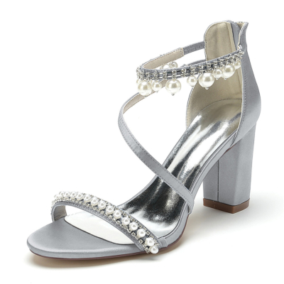 Grey Pearl Embellishments Sandals Chunky Heels Cross Strap Satin Party Sandals Shoes