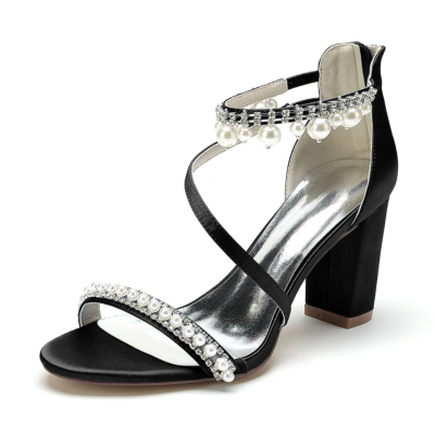 Black Pearl Embellishments Sandals Chunky Heels Cross Strap Satin Party Sandals Shoes