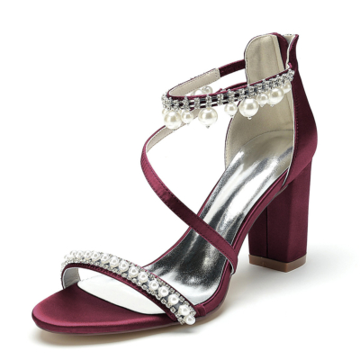 Burgundy Pearl Embellishments Sandals Chunky Heels Cross Strap Satin Party Sandals Shoes