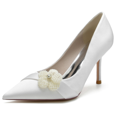 Pearl Flower Buckle Satin Bridal Pumps Stiletto Heel Shoes