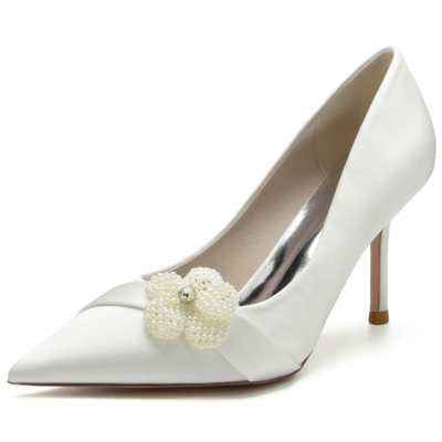 Beige Pearl Flower Buckle Satin Bridal Pumps Stiletto Heel Shoes