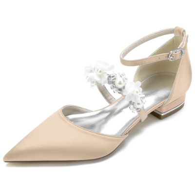 Champagne Pearl Flowers Strap Flat Shoes Satin D'orsay Bridal Wedding Flats