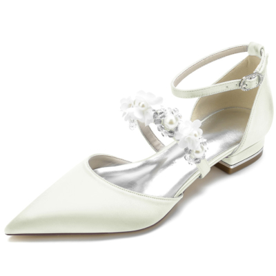 Ivory Pearl Flowers Strap Flat Shoes Satin D'orsay Bridal Wedding Flats