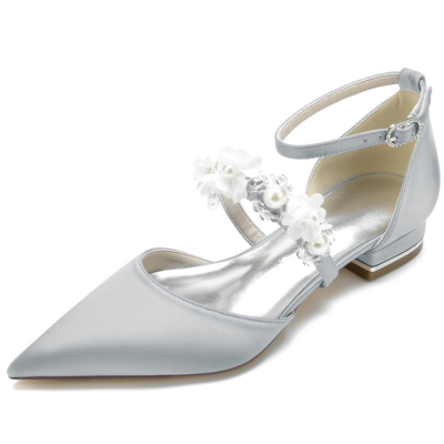 Grey Pearl Flowers Strap Flat Shoes Satin D'orsay Bridal Wedding Flats